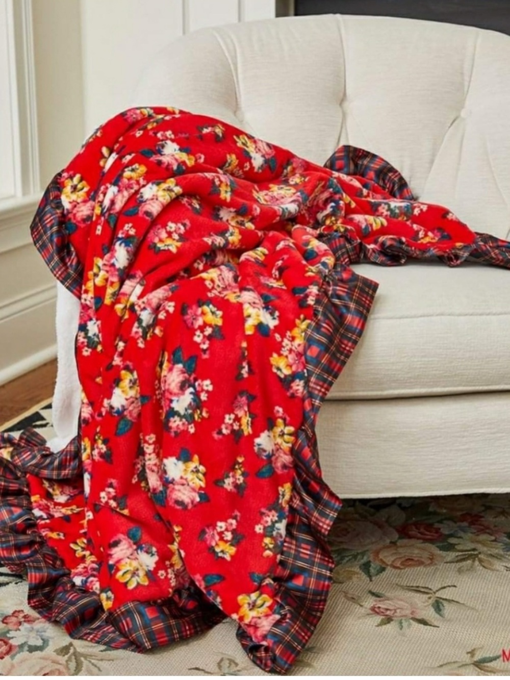 Matilda Jane wrap Me Up Red Floral Throw with Plaid Ruffle EUC